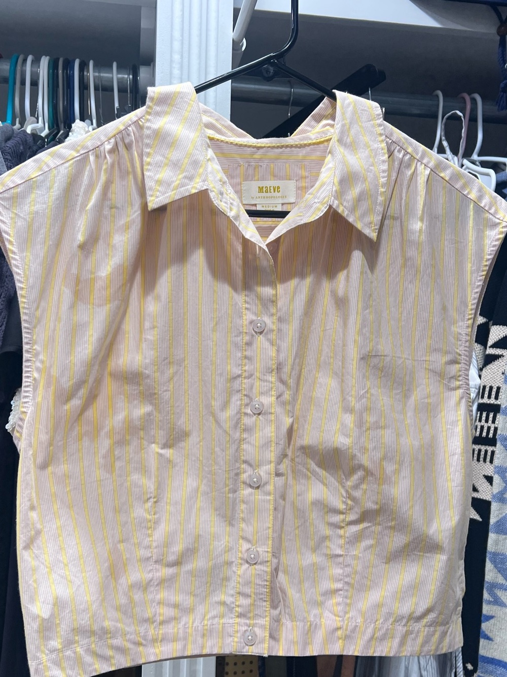 Anthropologie Yellow & White Striped Cap-Sleeve Button Down Top
